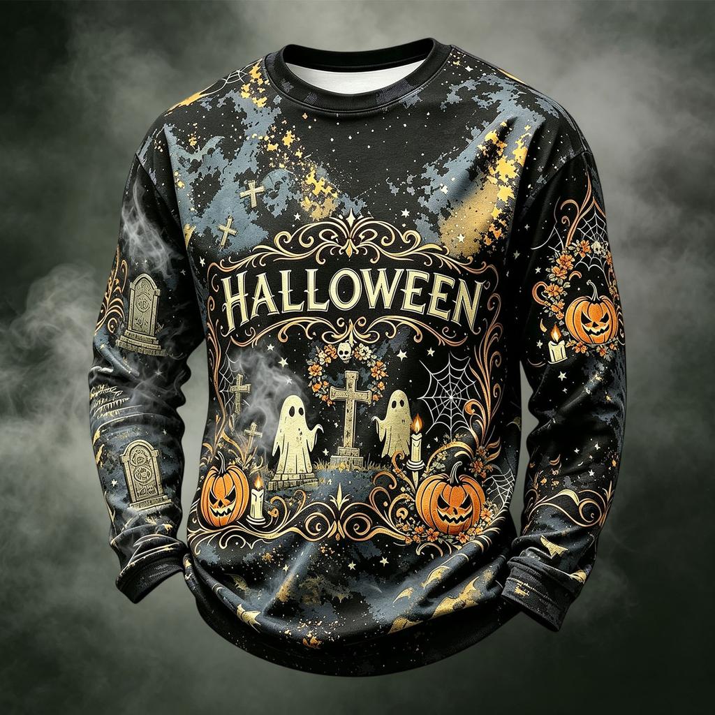 Men's Casual Knit Long Sleeve Neck T-Shirt with Halloween Print