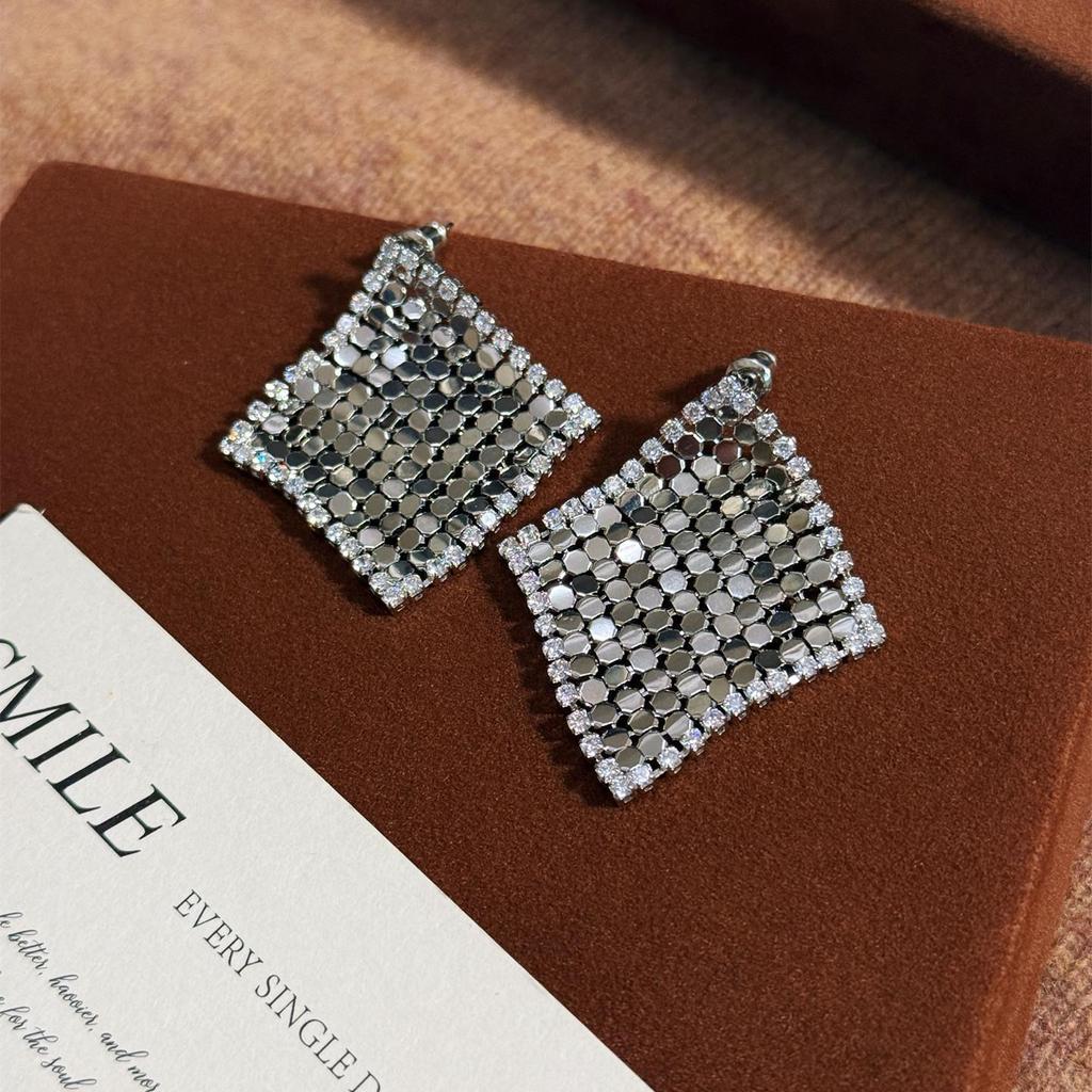 Gold-Plated Silver Zirconia Rhombus Tassel Stud Earrings - Elegant High-End Jewelry for Women