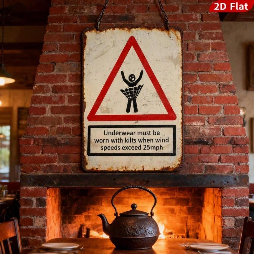 Funny Underwear Kilt Sign Windy Weather Humor Vintage Metal Wall Art for Pub Bar Man Cave