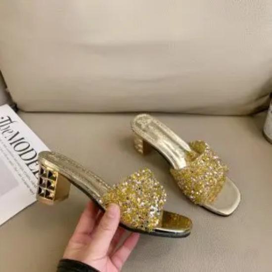 

Новые летние женские тапочки на высоком каблуке, женские пляжные шлепанцы с большим круглым носком и открытым носком, домашняя обувь золотого цвета De Mujer 42