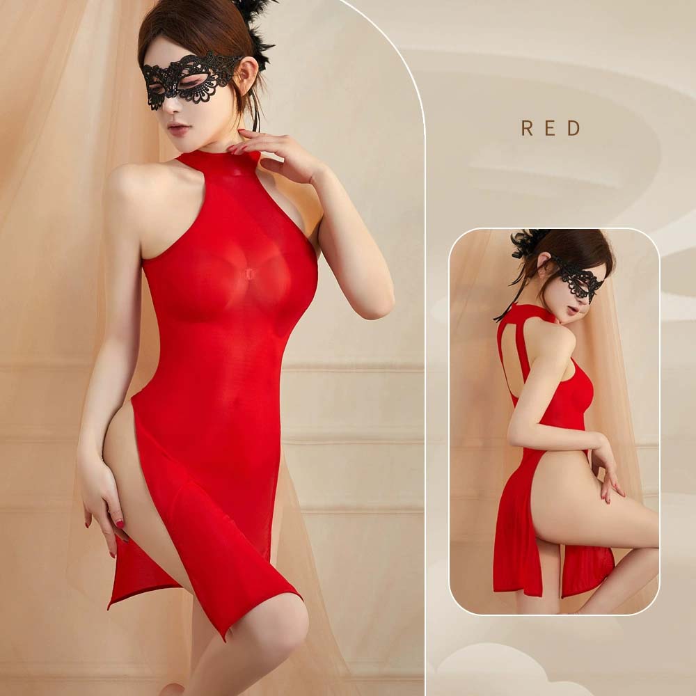 Halter Backless High Slit Mini Dresses For Women Ultrathin Sheer Woman Sleeveless Shaping Nightclub Sexy Elastic Dresses