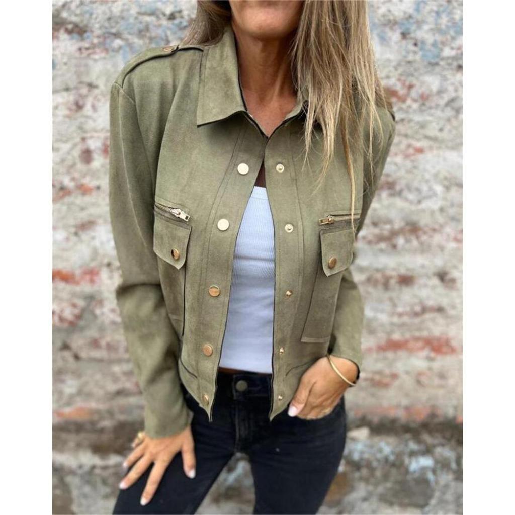 Women's Suede Jacket Lapel Long Sleeve Metal Zipper Outerwear Autumn Winter Coat
