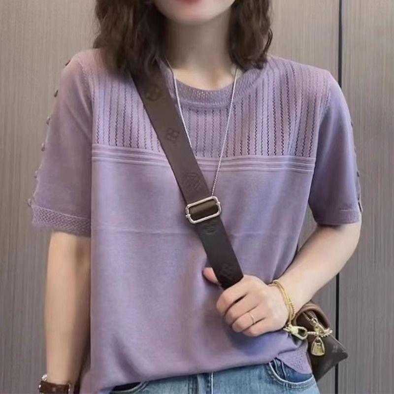 Summer New Middle Aged Women's Ice Silk Knitted Shirt Short Sleeve T-shirt Plus Size Top