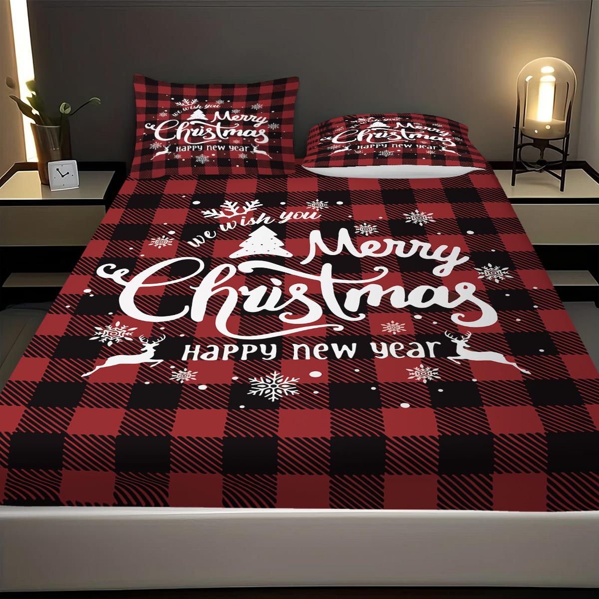 

3pcs plaid contrasting color Christmas Happy print coreless bed sheet set multiple sizes bed covers bedding soft and comfortable 90x191cm