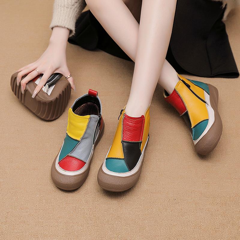 Women's Genuine Leather Snow Boots With Zipper Non-Slip Winter Warm Ankle Booties With Faux Fur Lined Comfortable Walking Short Boot Shoes for Women