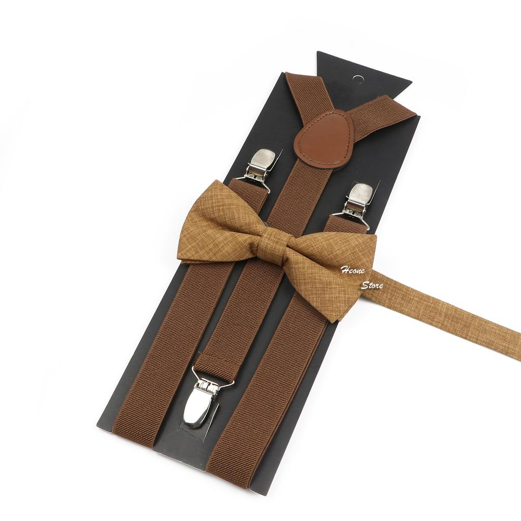 Men Kids Yellow Khaki Brown Suspender Bowtie Set Elastic Adjustable Y-Back Braces Straps Daily Father-Child Braces Accessory