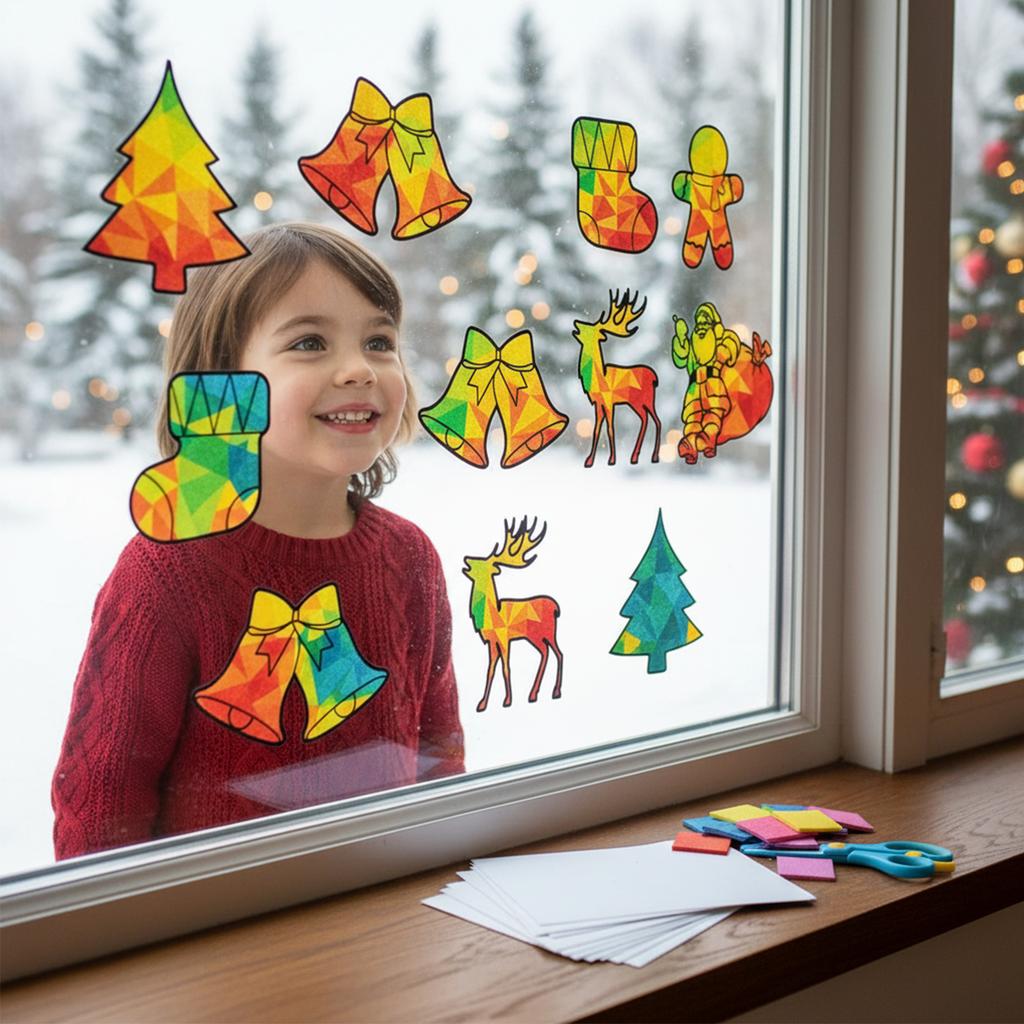 12 Pack Christmas Window Stickers Handmade DIY Paper Art Craft Kit Window Pictures Craft Templates for Wall and Room Decoration
