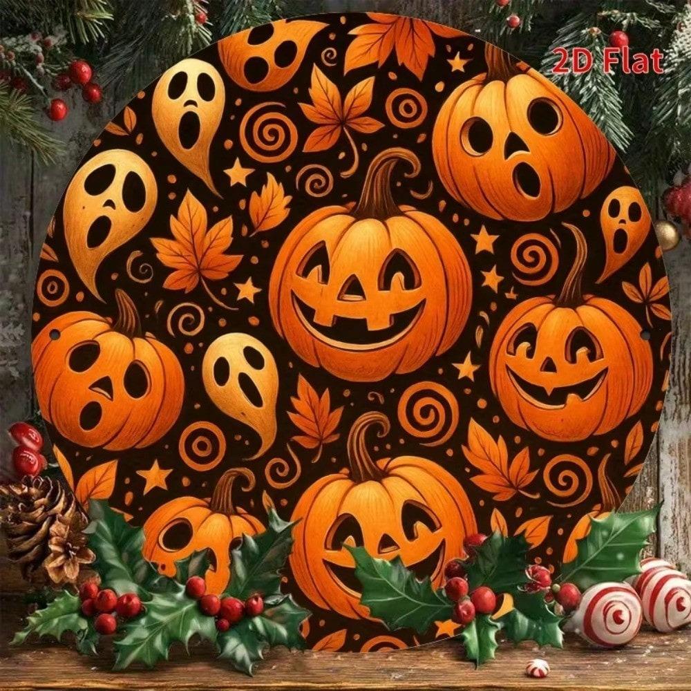 Halloween Pumpkin Iron Metal Wall Art Retro Round Sign Home Decor