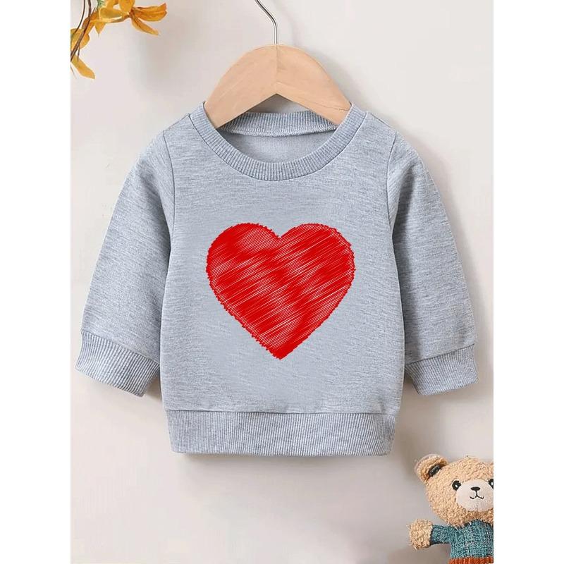 European Sizes Cute Red Heart Print Kids' Round Neck Hoodie | Thin, Comfortable, Suitable For Outdoor Wear In Spring And Autumn For 0-3 Year Old Kids