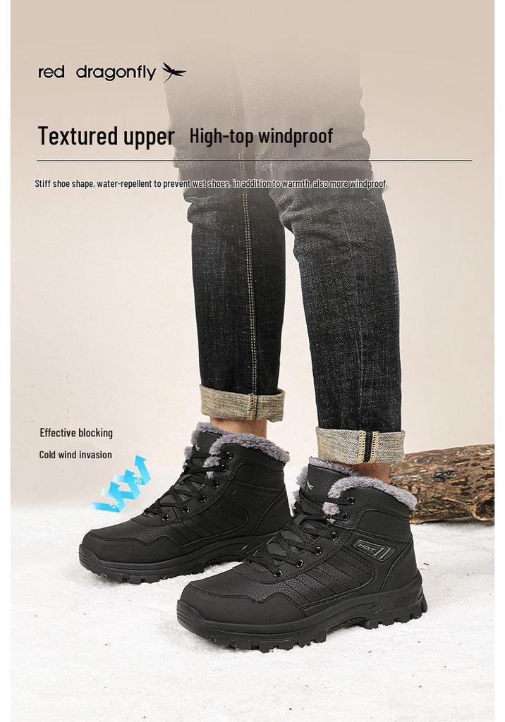Red Dragonfly Men's High-Top Winter Snow Boots - Warm, Thickened Velvet, Non-Slip Sole, Casual Style.