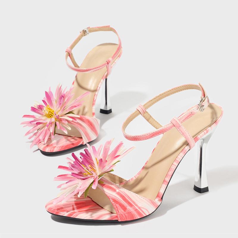 2025 New Fashion Flower Bud Open Toe Designer Sandal Female Buckle Strap Pink High Heels Party Prom Shoes Women Sandalias