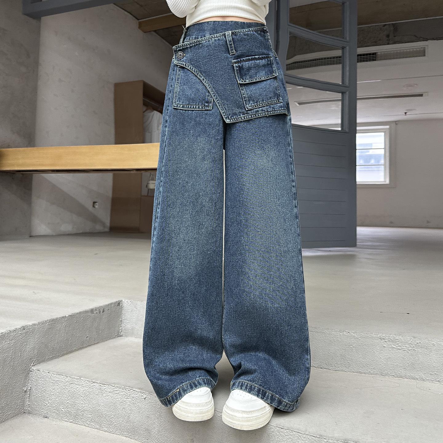 

Девичьи джинсы широкого кроя в пол - Мода в корейском стиле с откидным клапаном на ягодицах для весны и осени 170 cm