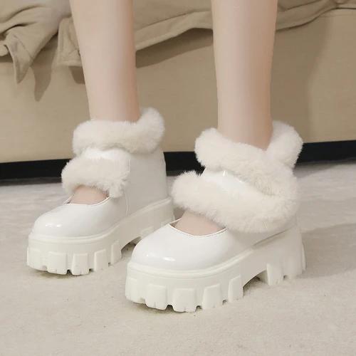 

Модные женские ботильоны 12 см, женские зимние теплые плюшевые меховые зимние сапоги, лакированные кожаные туфли, женская удобная женская обувь 39 бежевый