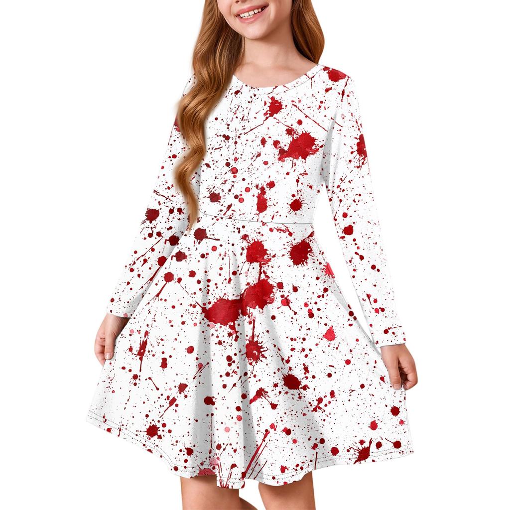 Girls' Summer Princess Dress Halloween Day- Long Sleeve A-Line T-Shirt Dress