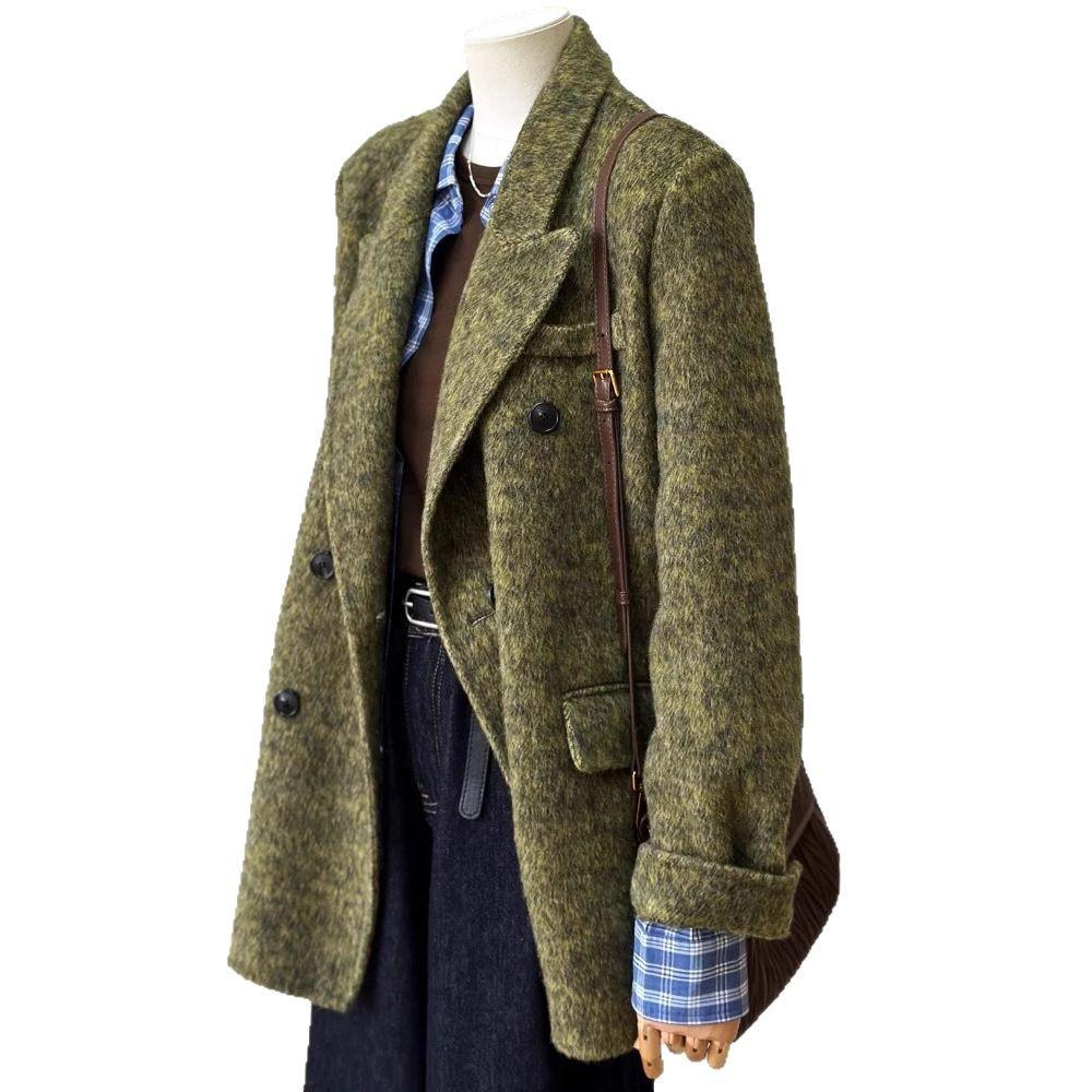 

Oil painting green shoulder double-sided cashmere coat high-end suit small wool coat woolen jacket short M