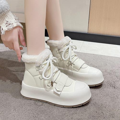 fashion White Fur Lace-up Thick-soled Height-increasing Sneakers for Women Winter New Style Plus Velvet Warm Snow Boots