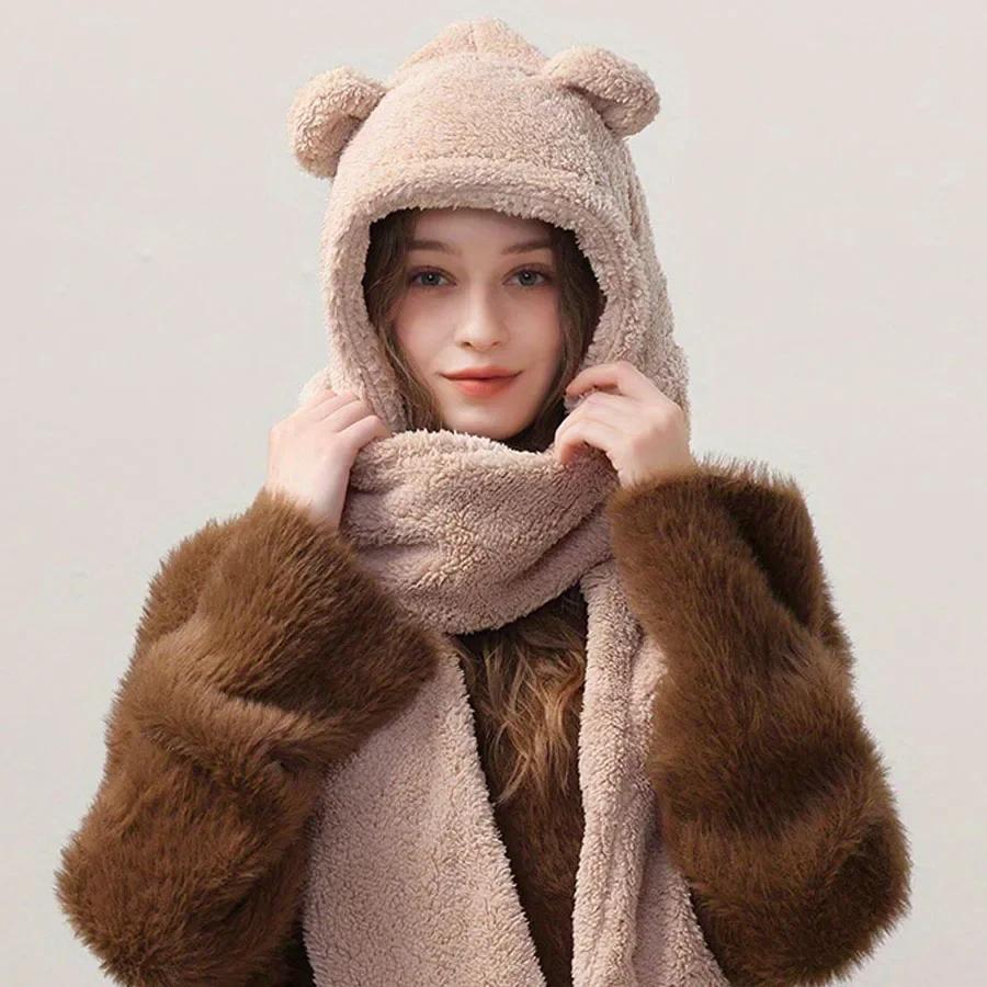 Plush Bear Hat Scarf One-piece Women's Winter Scarf Winter Versatile Cycling Warmth Beanies Caps with Plush Ear Protection Hood