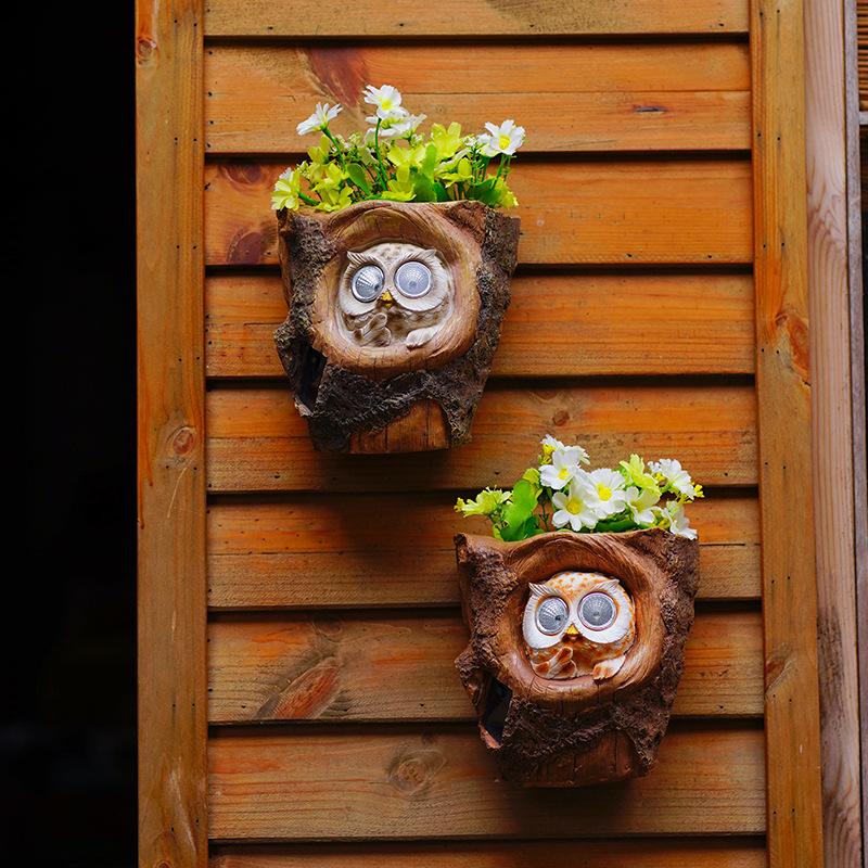 Creative Wall Hanging Flowerpot Cartoon Cute Owl Solar Light Ornament Garden Fence Flowerpot Garden Decoration
