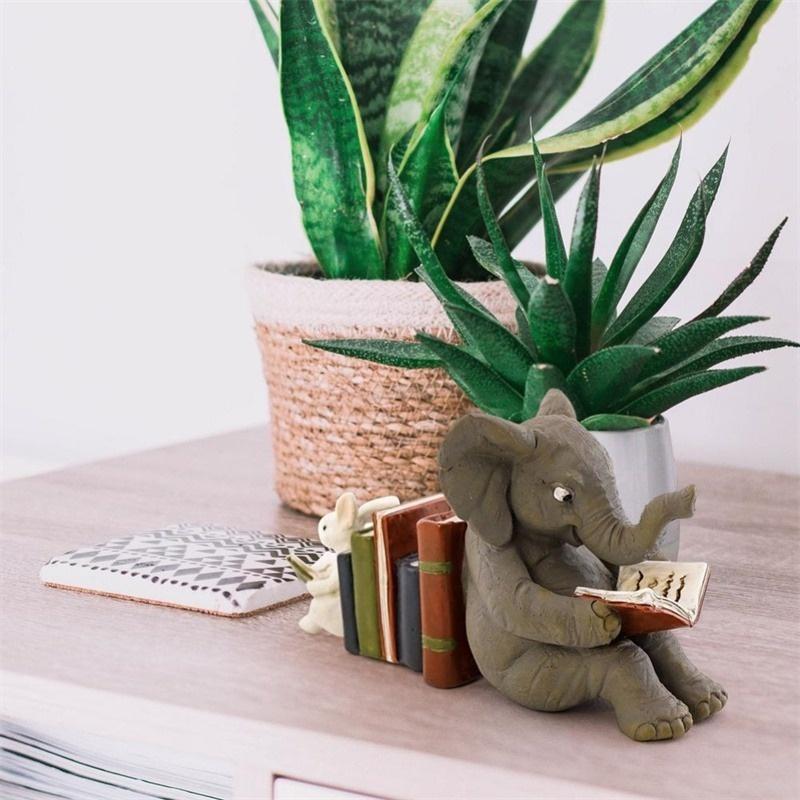 Elephant and Rabbit Reading Learning Statue Bookend Resin Animal Statue Decoration Home Decor