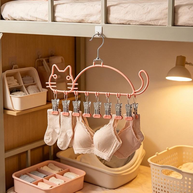 Cat Shape Clothes Drying Rack 8 Clips Capacity Windproof Waterproof Metal Hanger Balcony Sock Drying