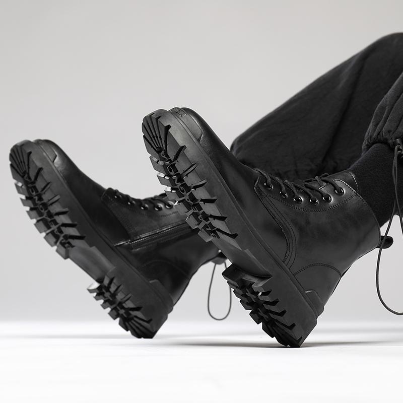 Fashion Ankle Boots Lace Up Block Round Toe Anti-slip Boots Thick Water Proof Men Boots Black Wear-resistant Short Men's Motorcycle Boot