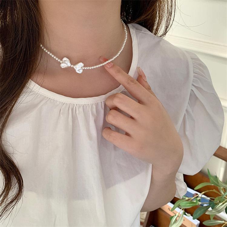 Sweet Irregular Heart Bow Pearl Necklace - Versatile Girlish Clavicle Chain