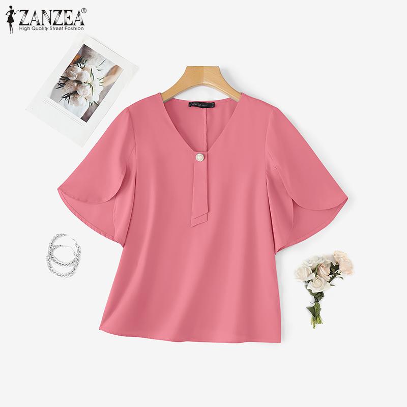 

ZANZEA Летняя женская блузка с V-образным вырезом, рукавами с разрезами и оборками, повседневная 5XL розовый