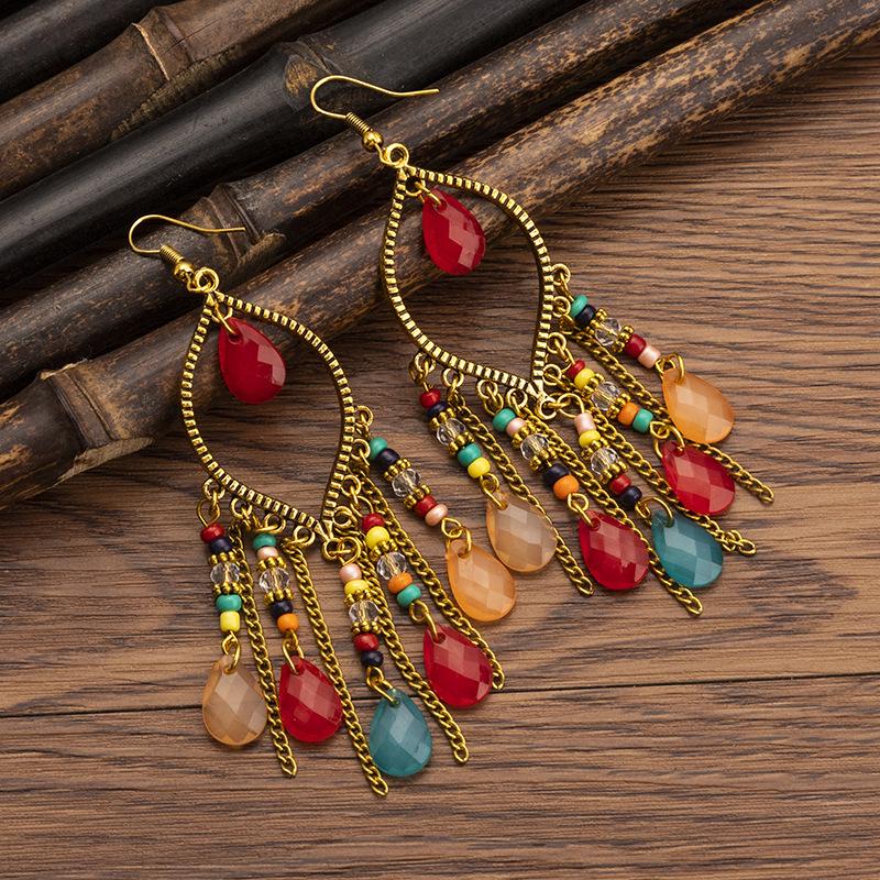 Bohemian Cross-Border Handmade Water Drop Rice Bead Tassel Earrings for Travel Photography