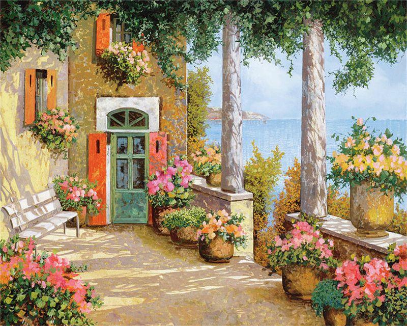 RUOPOTY Barvení podle čísel Městská krajina pro obývací pokoj na plátně Jedinečný dárek akrylový obrázek podle čísel domu