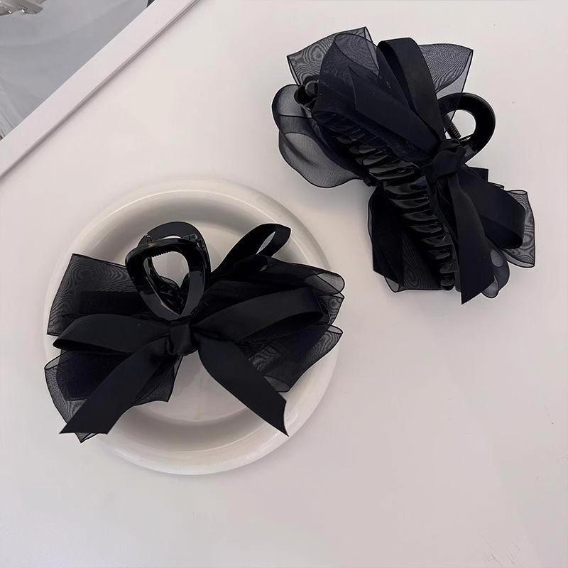 1pc Ultra-fantasy Black Mesh Bow Hair Clip, for Back of Head, for Thick Hair, Elegant Shark Clip