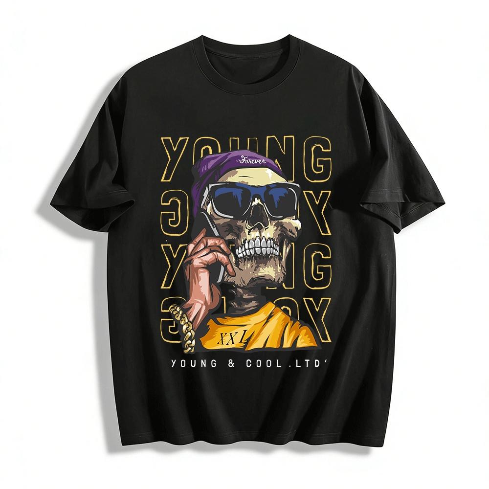 

Street Style Skull On Phone Graphic Tee Retro XXL Trendy Casual Top Pure cotton T-shirt 6XL