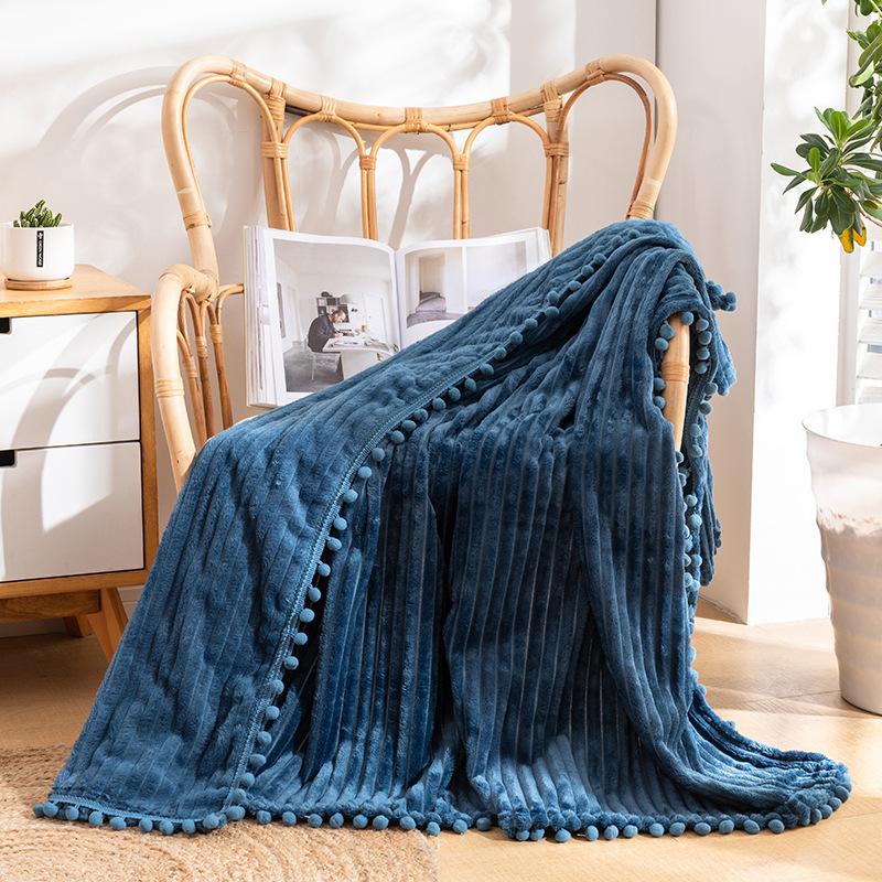 Fleece Throw Blanket Couch with Pom Pom Fringe Soft Cozy Fuzzy Flannel Blankets for Sofa Bed Large Lightweight Plush All Seasons