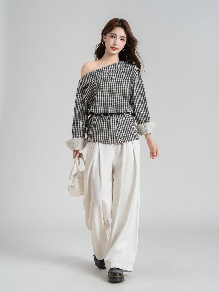 Long Sleeve Plus Size Sexy Off the Shoulder Plaid Casual Spring Autumn T Shirt Tops Women T-shirt