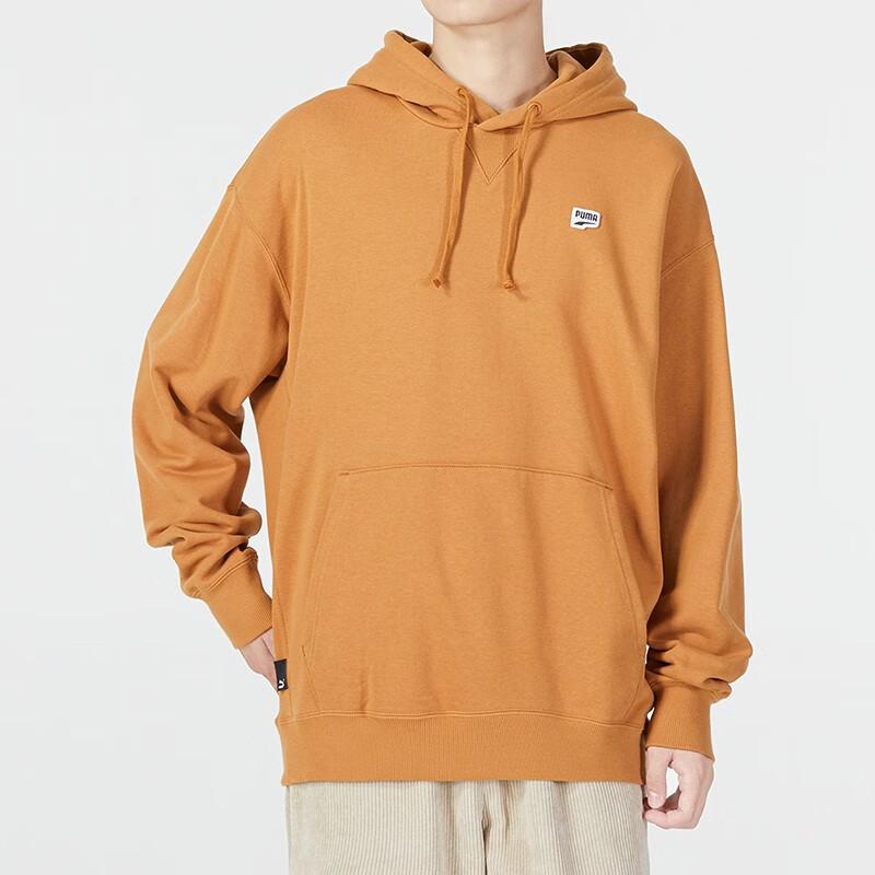 PUMA Solid Color Logo Patch Drawstring Hoodie with Long Sleeves Men Tops Yellow 537750-74