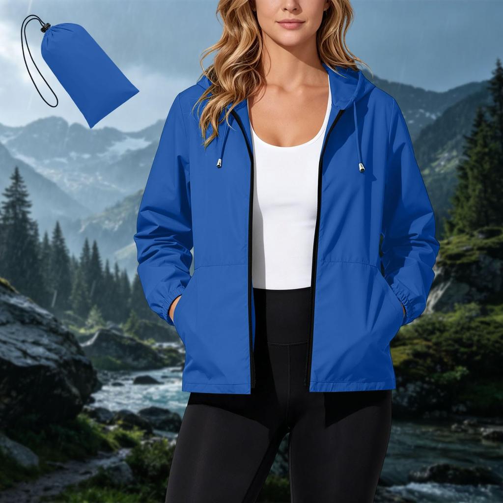 Women's Waterproof Windproof Hooded Jacket Lightweight Packable Outdoor Raincoat with Zipper Pockets and Adjustable Drawstring Hood