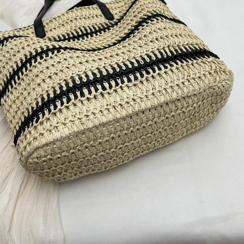 Contrast Color Tote Bag Women's Large Capacity Shoulder Bag Beach Straw Woven Bag