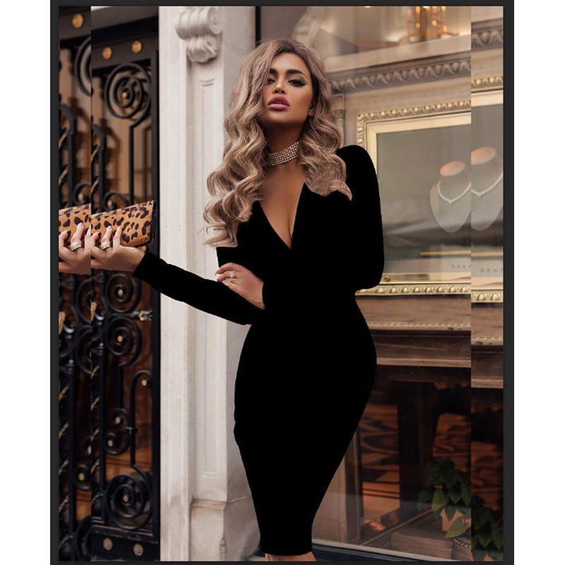 Women's Deep V Ruffle Hip Long Sleeves Dress Sequin