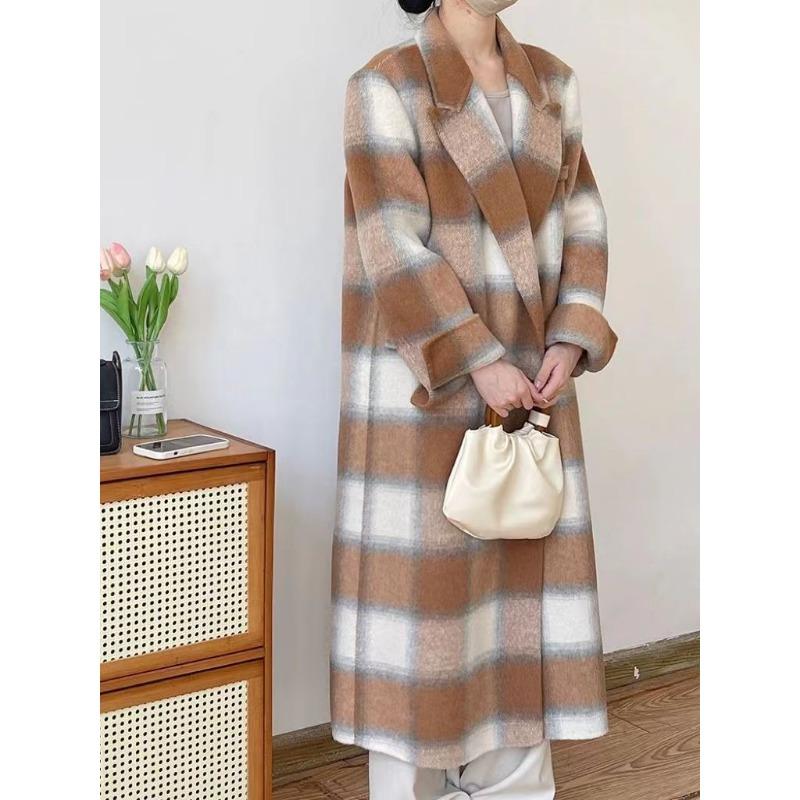 

Новое осенне-зимнее клетчатое двухстороннее шерстяное пальто длинное корейское свободное повседневное шерстяное пальто S