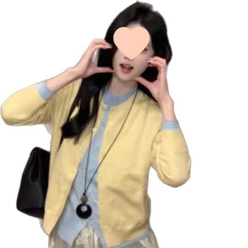 Lazy sweater women's coat autumn clothing contrasting color splicing knitted sweater cardigan college style fake two-piece women's top