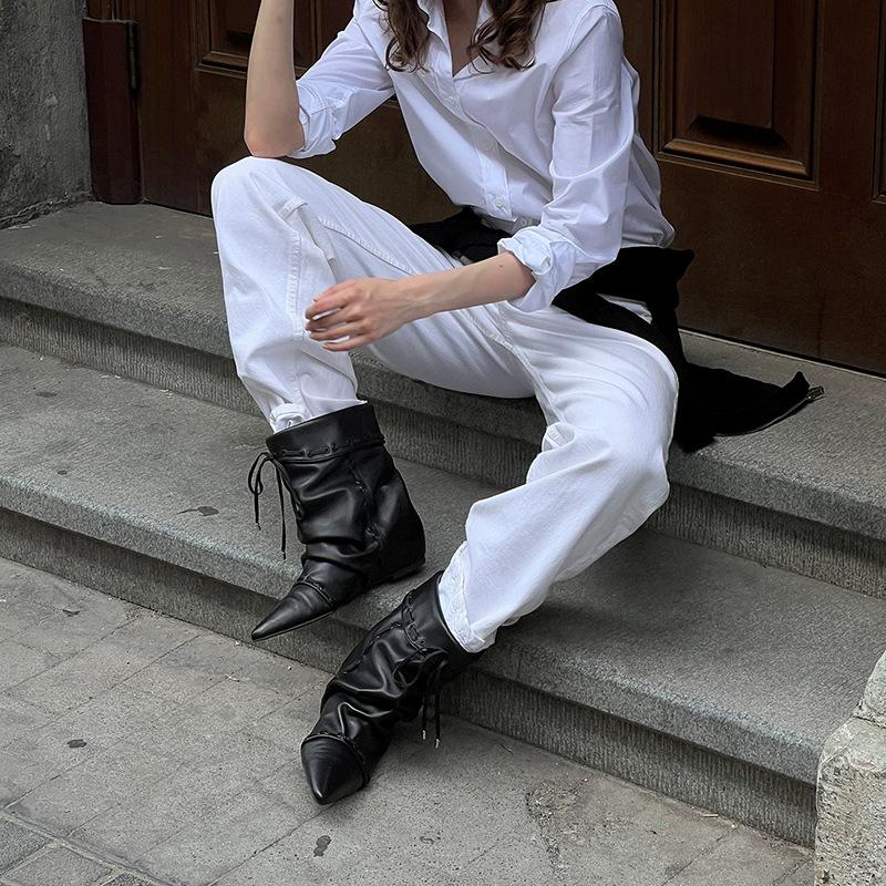 Fashion 2025 Autumn Suede Leather Pleated Ankle Boots Women Pointed Toe Slip On Western Cowboy Boots Fashion Short Chelsea Botas Mujer
