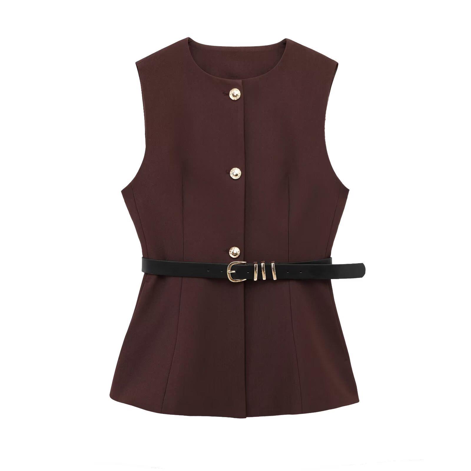 

Spring/Summer 2025 Women s Slim Fit Vest with Belted Waist and Round Neck Small каштановий