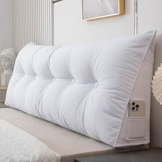 Headboard Pillow with Side Pocket Linen Triangular Headboard Wedge Cushion Bed Bolster Cushion for Shoulder Back Waist Support Dorm Home Bedroom