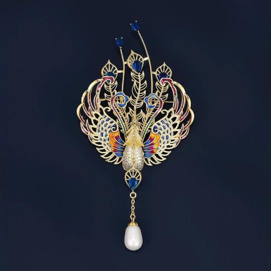 Women Brooch Sparkling Rhinestones Faux Pearl Phoenix Shape Lapel Pin Suits Coats Bags Scarves Badge Versatile Accessory