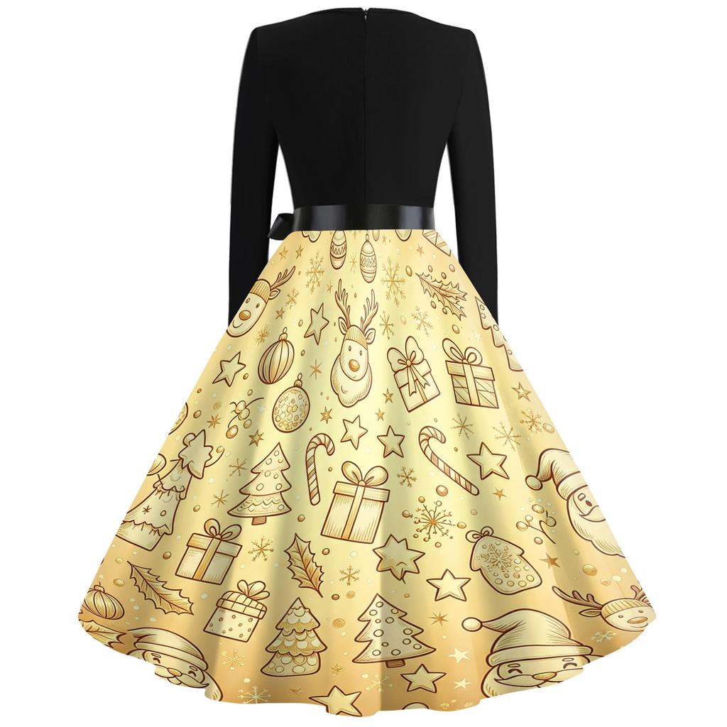 Women's Casual Vintage Dress with Square Neck and Christmas Print for Holiday Party