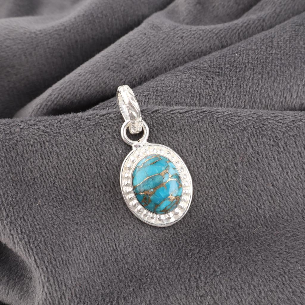 Blue Copper Turquoise Handmade Gemstone Pendant, 925 Solid Sterling Silver Pendant Antique Jewelry, For Engagement Gift