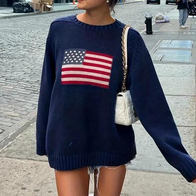 Suéter Retro Bandeira Britânica Europeu-Americano: Tricô Casual de Manga Longa Feminino