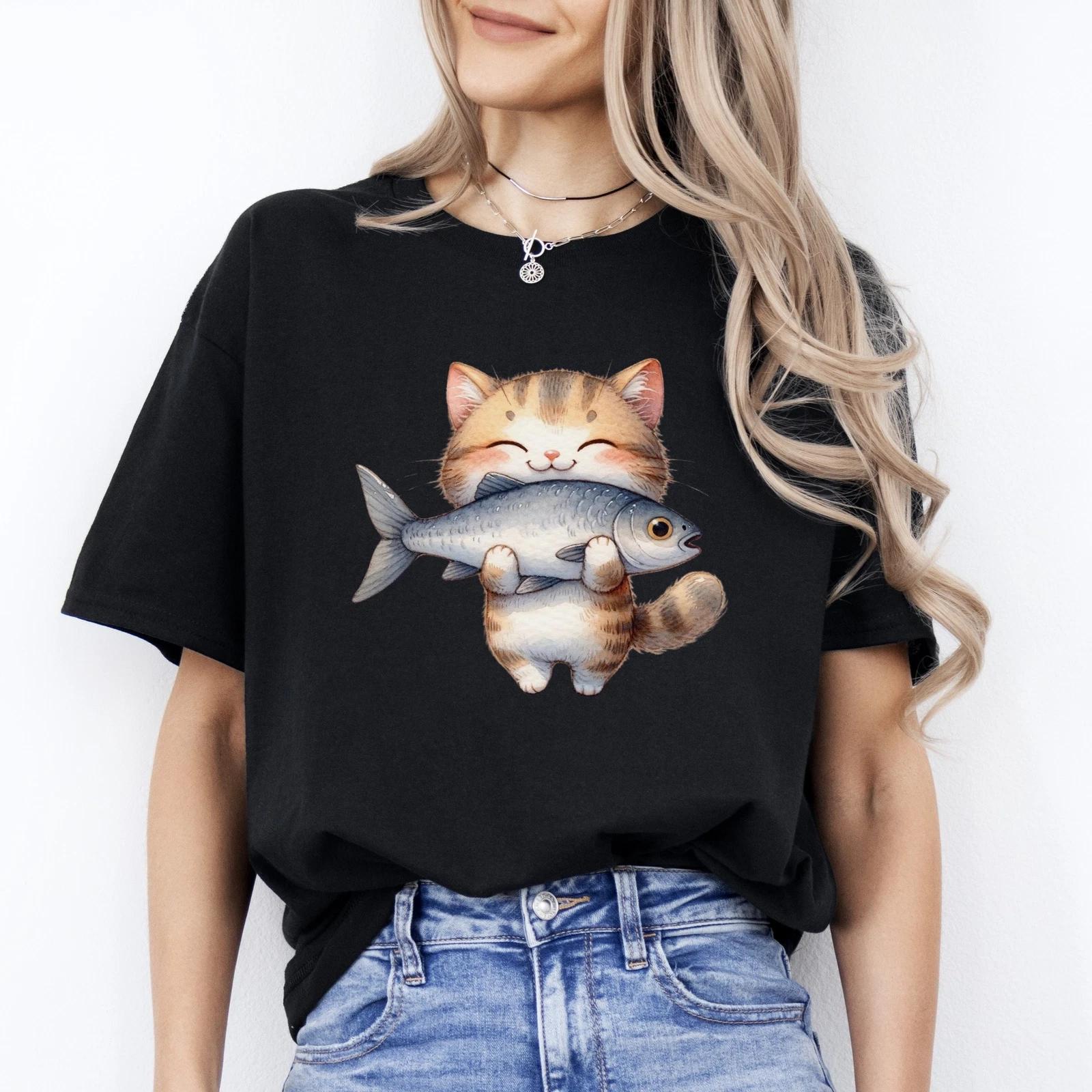 Happy cat with the fish T-Shirt gift funny cat fisherman Unisex tee Black Navy D XL