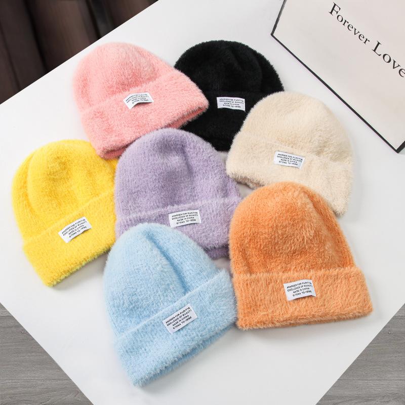Hat Women's New Imitation Mink Autumn and Winter All-match Patch Wool Hat Knitted Hat Warm Pullover Ear Protection Cold Hat