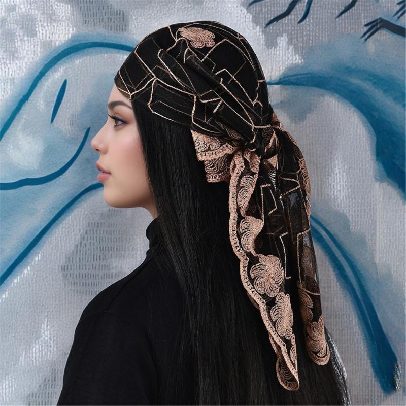Elegant Embroidery Flower Lace Head Cover Breathable Bandana Head Scarf For Stylish Outfit Turban Headwrap for Daily Use