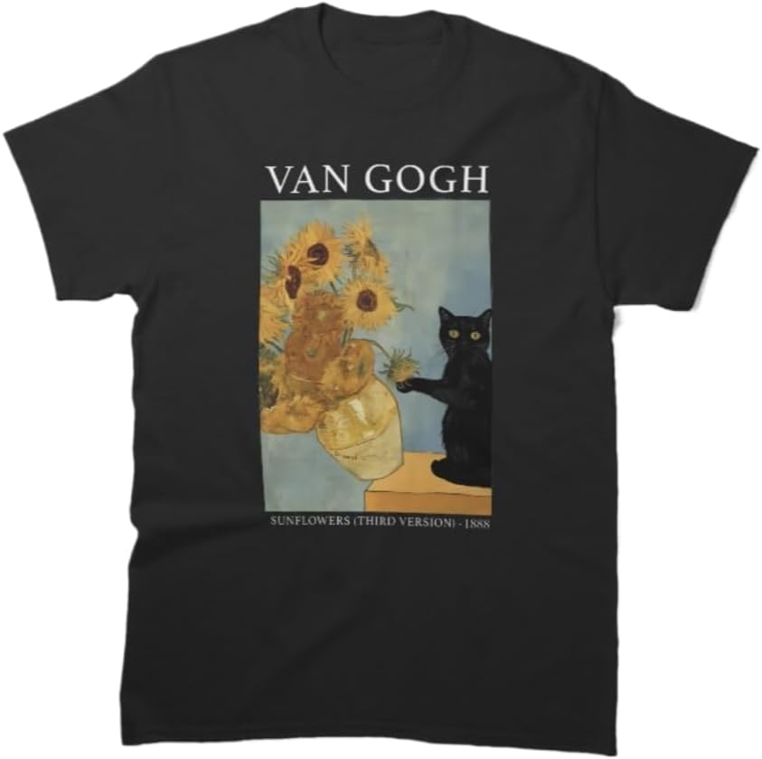 

Funny Cat with Sunflowers Parody Classic Art Graphic T-Shirt Unisex 100% Cotton Crew Neck Short Sleeve Casual Tee 5XL різнокольоровий